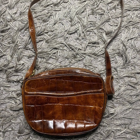 VTG vintage FURLA ITALY BROWN LEATHER EMBOSSED SHOULDER BAG PURSE HARDWARE. - Picture 1 of 11